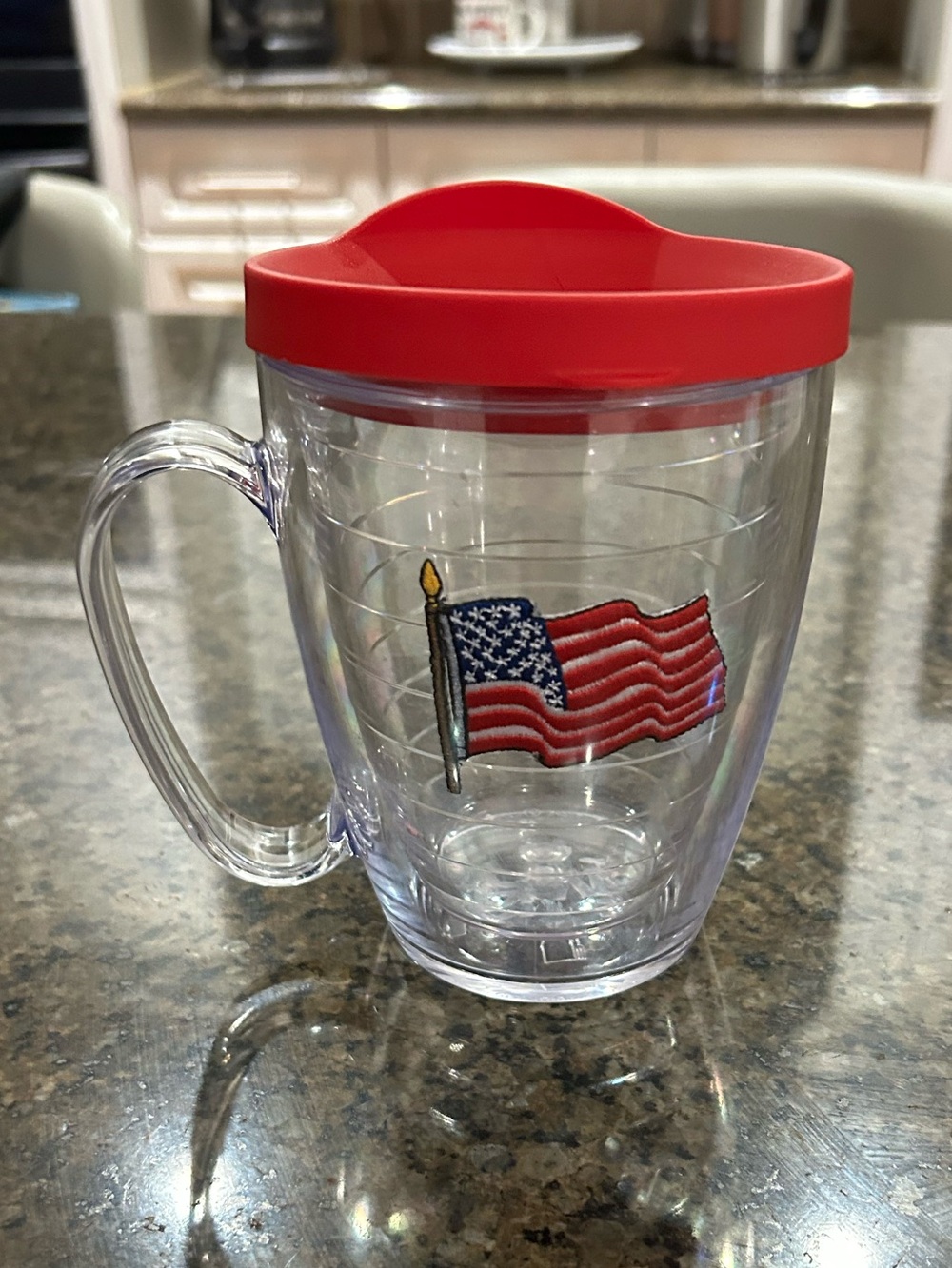tervis Clear Travel Mug with Red Lid and American Flag Graphic Handle 16 oz.